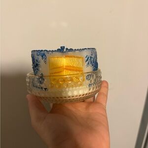 Blue and Yellow Decorative Candle in Textured Glass Dish
